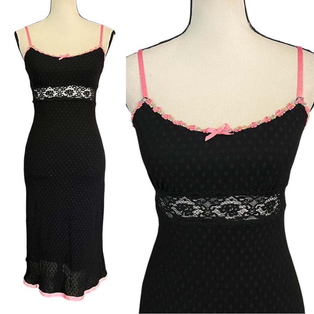 Vintage Betsey Johnson Sheer Swiss Dot Mesh Lace Ribbon Floral Slip Dress